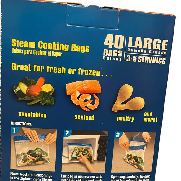Ziploc Zip’n Steam Large Bags 40 Count Box NEW Discontinued 3-5 Servings 10X10” - Picture 6 of 9